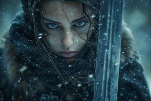 A woman, dressed as a fantasy warrior, stands in the snow holding a sword photo