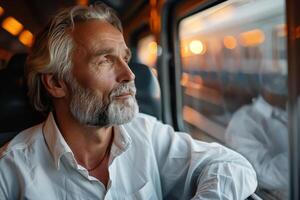 Senior handsome Man with white hair and beard looking out window of train photo
