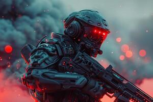 A man dressed in a high-tech futuristic suit is holding a rifle in a combat-ready stance, possibly preparing for futuristic warfare. The suit appears advanced and sleek photo