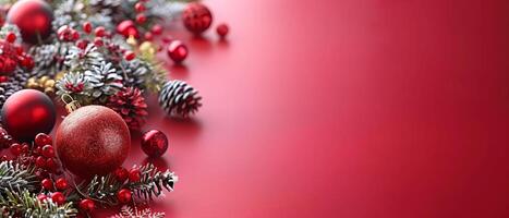 Assorted christmas decorations on red surface, holiday banner with copy space photo
