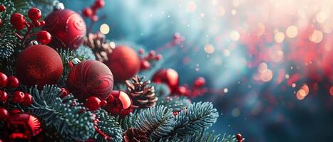 Close up of a christmas tree with red ornaments, xmas banner with copy space and bokeh photo