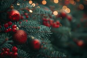 A detailed view of a Christmas tree adorned with bright red ornaments, creating a festive and traditional holiday atmosphere. Xmas background with bokeh and copy space photo