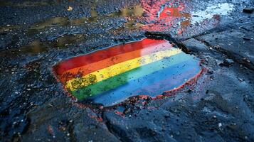 Reflective Rainbow Pride - Symbol of Hope and Resilience in a Puddle After Rain Shower photo