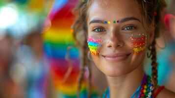 Embracing Non-Binary Identity at Pride Event - Confident Person with Flag Painted on Cheek photo