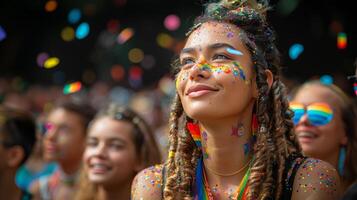 Joyful Pride Celebration with Colorful Rainbow Confetti Showering Down on Diverse Crowd of People photo