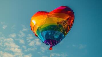 Vibrant Heart of Inclusivity - Rainbow heart-shaped balloon symbolizing love, diversity, and equality in the sky. photo