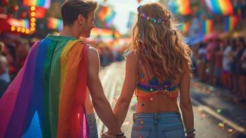A group of people dancing freely and expressing themselves at a Pride after-party, filled with colorful lights. photo