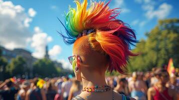 Expressive Individual with Vibrant Mohawk Hairstyle Celebrating at Pride Event photo