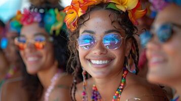 Vibrant Pride Celebration with Rainbow Leis and Flower Crowns in a Tropical Paradise photo