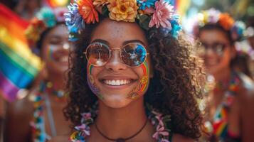 Vibrant Pride Celebration in Tropical Paradise with People Wearing Rainbow Leis and Flower Crowns photo