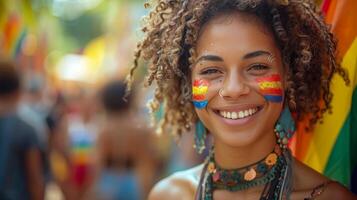 Embracing Non-Binary Identity at a Vibrant Pride Event - Young person with a non-binary flag face paint radiating confidence and pride. photo
