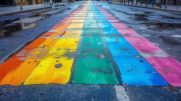 Unity in Diversity - Rainbow Flag Painted on Crosswalk Symbolizing Inclusivity and Acceptance within Society photo