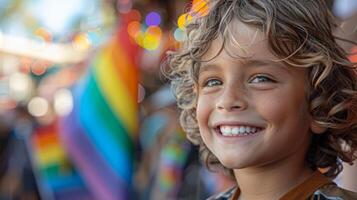 Bright Future Ahead - Happy Child Waving Rainbow Flag at Pride Parade Spreading Hope and Inclusivity for Future Generations photo