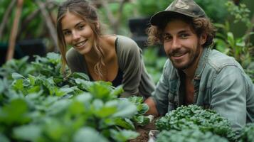 Joyful Genderqueer and Male Couple Gardening Together in Backyard Bliss photo