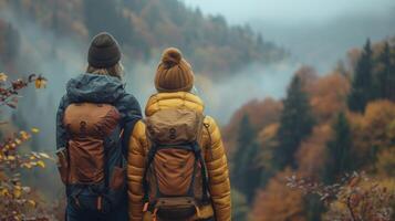 Serene Lesbian Couple Enjoying a Romantic Moment on Scenic Mountain Hike photo