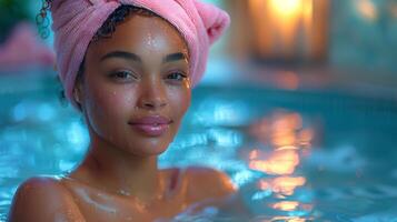 Blissful Bisexual Woman Embracing Tranquility at Spa, Revitalized and Rejuvenated photo