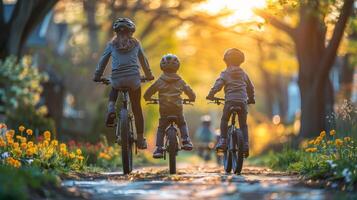 Happy Lesbian Couple Teaching Their Children to Ride Bikes in a Sunny Neighborhood Park photo