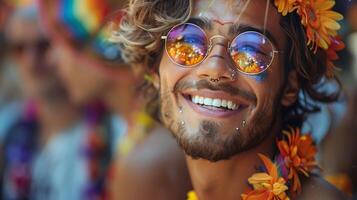 Proud Transgender Man Celebrating at a Vibrant Pride Parade photo