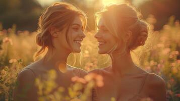 Blissful Lesbian Couple Laughing Together at a Romantic Sunlit Picnic in the Park photo