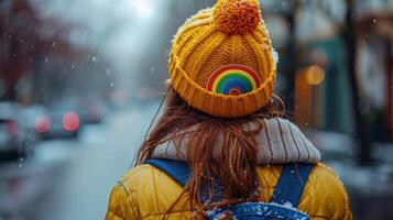 Embracing Diversity - Close-Up Shot of Person with Rainbow Pin on Backpack Showing Subtle Pride photo