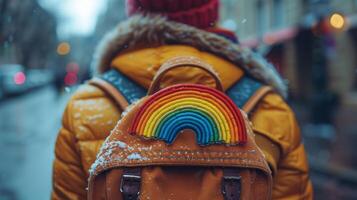Embracing Diversity - Close-up of Person with Rainbow Pin on Backpack Showing Subtle Pride in Identity photo