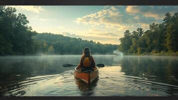 Serene Bisexual Woman Canoeing on Tranquil Lake - Embracing Nature and Diversity photo