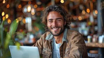 Happy Bisexual Man Working on Laptop in Contemporary Coworking Space photo