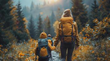 Happy Lesbian Family Hiking Together in Stunning National Park with Children photo