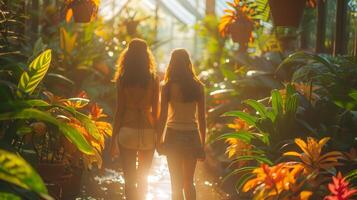 Joyful Lesbian Couple Exploring a Botanical Garden with Their Children on a Sunny Day photo