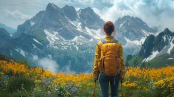 Embracing Nature's Beauty - Bisexual Woman Serenely Hiking in Mountain Landscape photo