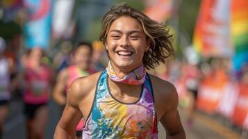 Proud Trans Man Running a Marathon with Confidence and Determination photo