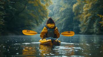 Serene Bisexual Woman Kayaking on a Calm River with Lush Greenery Surroundings photo