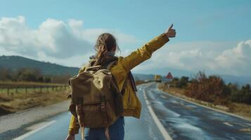 woman with backpack on road pointing up photo