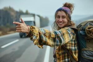 a woman with a backpack pointing at the camera photo