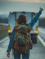 a woman with a backpack standing on the road with her arms up photo