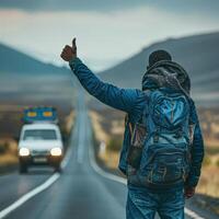 man with backpack on road with car in background photo