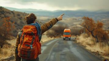 a man with a backpack pointing at a truck on a road photo