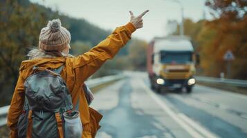a woman with a backpack is pointing at a truck on the road photo