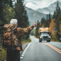 a man with a backpack pointing at a truck on the road photo