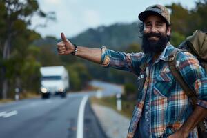 a bearded man with a backpack and a truck is standing on the side of the road photo