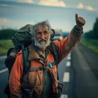 an old man with a backpack on the road photo