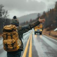 a person with a backpack standing on the side of the road with their arms outstretched photo