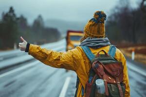 a woman with a backpack is standing on the side of the road with her thumb up photo