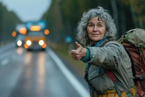 a woman with a backpack on the side of the road photo