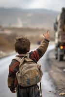 a young boy with a backpack standing on the side of the road photo