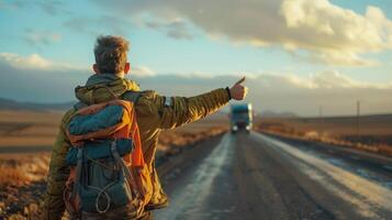 a man with a backpack on the road pointing at something photo