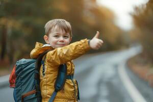 a young boy with a backpack on the road photo