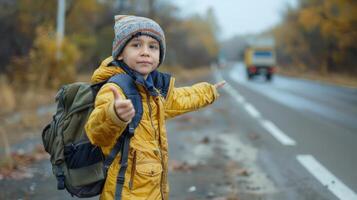 a young boy with a backpack standing on the side of the road photo