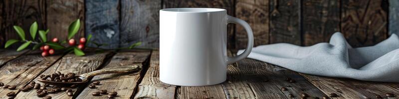 a white mug on a wooden table with beans photo