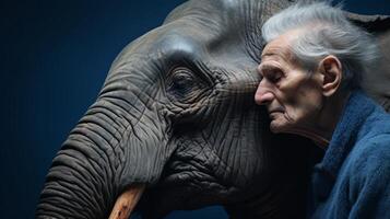 an elderly man is hugging an elephant photo